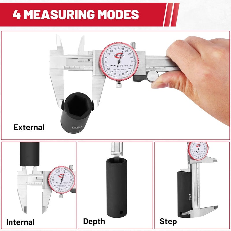 Standard Gage Metric Dial Caliper Measuring Tool 0-150mm Range, Analog Precision Caliper ±0.02mm Accuracy, Manual Mechanical Metal Stainless Steel Measuring Dial with 4-Way Measurements - Image 5